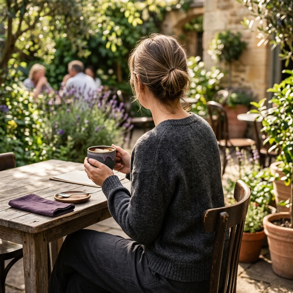 Anonymous person seated at outdoor cafe from behind